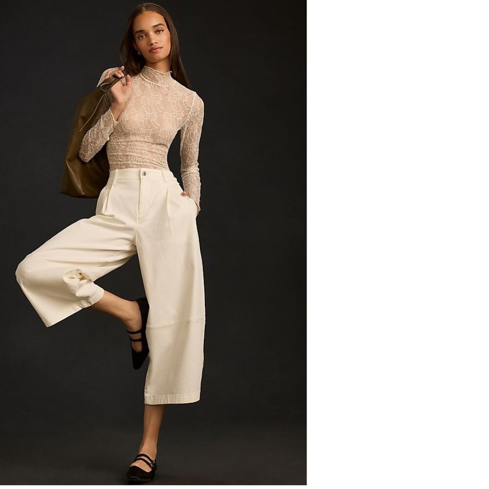 Anthropologie Cream Wide-Leg Cropped Pants